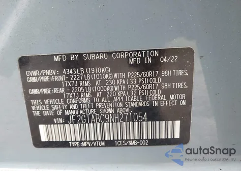 2022 Subaru Crosstrek z USA, uszkodzony, nr VIN JF2GTABC9NH271054